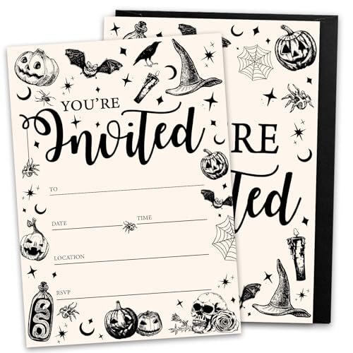 JarThenaAMCS 25 Sets Halloween Party Invitations with Envelopes Stickers Beige Black Pumpkin Skull Spider Invites for Halloween Celebration 5 x 7 Inch