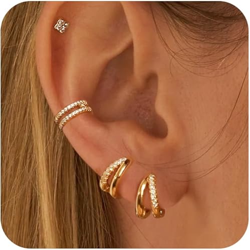Feskive Gold Earrings Set for Women, Dainty 14k Gold/Silver Plated Huggie Hoop E