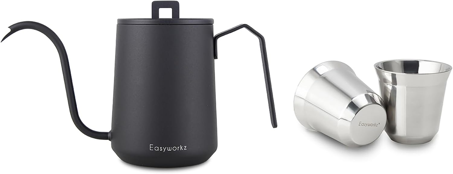 Easyworkz Gooseneck Pour Over Coffee Kettle 20 oz Stainless Steel Hand Drip Coffee Pot, Matte Black, Bundled with Espresso Cup 2pcs Set Double Wall Insulated Metal Demitasse Cups 5 oz