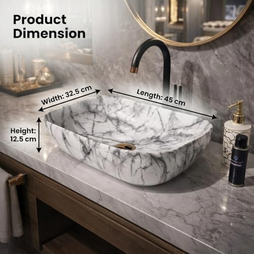 Image of Ceramic Tabletop Wash Basin - Glossy Rectangular Countertop Vessel Sink with Marble Finish for Bathroom & Vanity | Compact 18 x 13 x 5 Inch | Elegant Washbasin