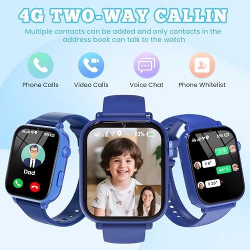 Image of 4G Kids Smart Watch for Boys Girls, Kid Watch Phone Ages 4-12 with Call, GPS, SOS, Video Call, Games, Camera, Alarm, Touchscreen Smartwatch for Children Birthday Gift (Includes SIM Card),Navy Blue