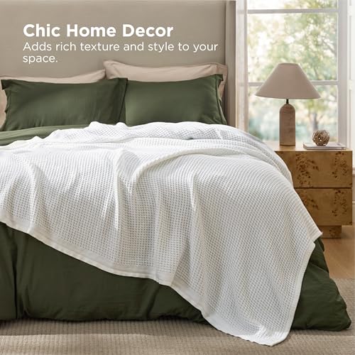 Image of Bedsure 100% Cotton Blanket Queen Size for Bed - Cooling Breathable and Soft for Summer, Thick Cozy Waffle Weave Blanket Gifts for Women, White, 90x90 Inches (Pack of 3)
