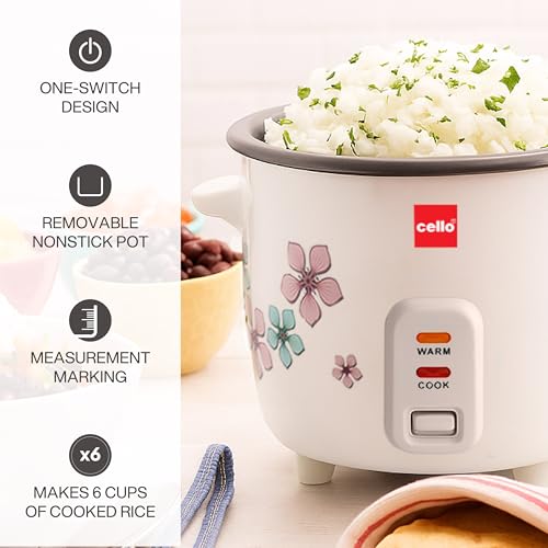 Image of CELLO Iris Electric Rice Cooker with Single Pot 600ml White | 300W Power, Removable Aluminium Non-Stick Bowl with SS Lid, Cool Touch Handle, One Touch Automatic Warm Function, For Rice, Pulao & Maggi