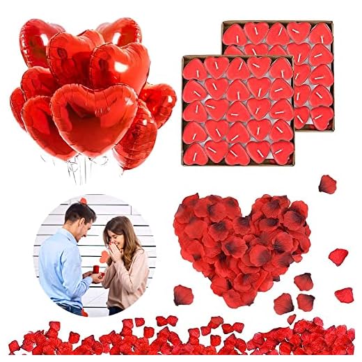 RANJIMA Kit de Decoración San Valentín,Conjunto de Decoración Romántica,Decoración de Citas de Pareja,Rosa Rojo Velas en Forma de Corazón Foil Globos Corazón Rojo para Bodas/Aniversarios/Compromiso