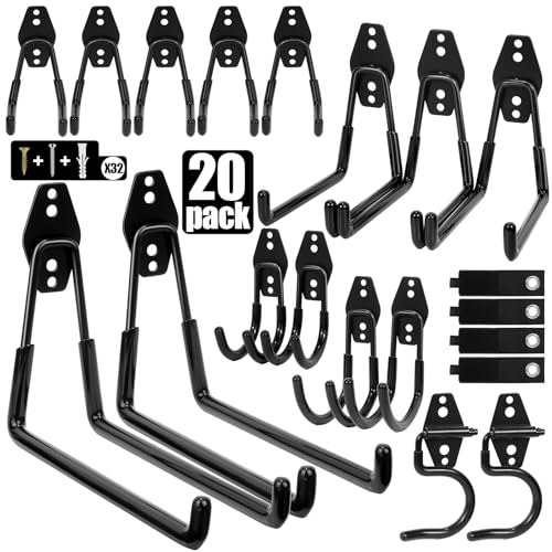 Jikro Heavy Duty Garage Hooks Storage, Anti-Slip Steel Wall Mount Multi-Size Utility Hangers Organizer for Ladders, Bikes, Garden Tools, Hose with 32 Screws Hardware Kit (Black, 20 Pack)