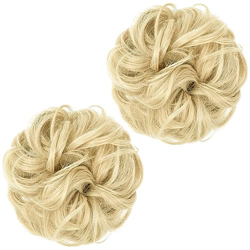 2PCS Beach Blonde Updo Messy Bun Hair Hair Piece Synthetic Wavy Curly Scrunchies Ponytail Extension,Synthetic Donut Updo Hair Pieces for Women Girls - Image 2