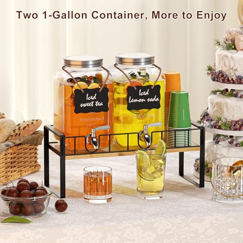 Zuyachuza 2-pack 1 Gallon Drink Dispenser,Glass Beverage Dispenser with Spigot,Lemonade dispenser Bamboo Stand for Outside, Glass Drink Dispensers for Parties with Ice Core by Zuyachuza - Used condition - Image 3