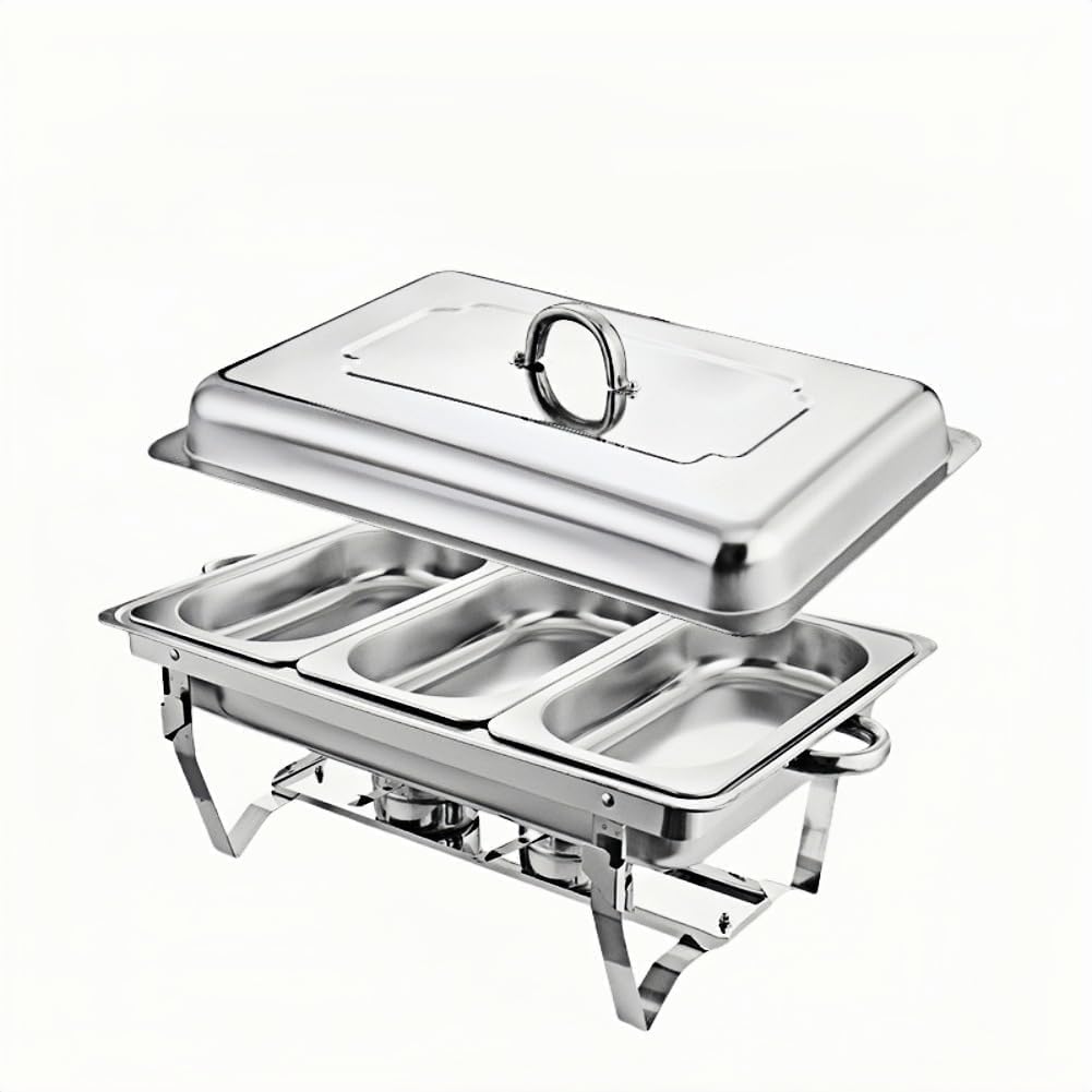 Stainless Steel Buffet Box Pot Set Stainless Steel Pots Dish Set 1 Grid/2 Grid/3 Grid Aluminum Plated Square Bakeware with Alcohol Stove Dish Rectangular Buffet Tray Food Warmer Platters with
