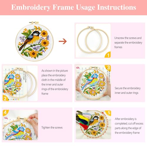 Image of Zhenqing Book Lover's Cross Stitch Kit - 4-Piece Set with Pre-Printed 11CT 24x24cm Fabric, Hoop & Tools, Reading & Flower Themes for Beginners(70411)