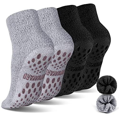NOVAYARD 4 pares antideslizante difuso calcetines hospitalarios deslizador tripulación agarre acogedor calcetines hombres mujeres, Negro + gris, Large