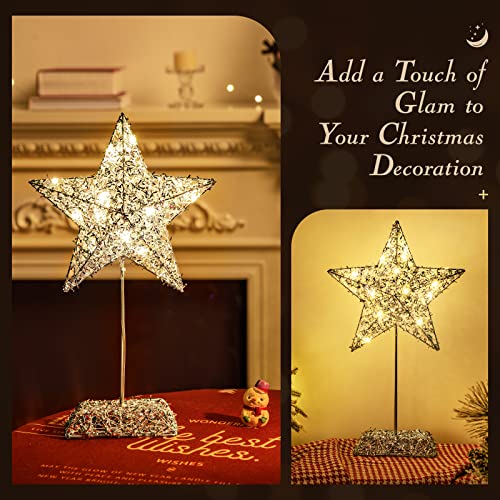 Shinowa Decorative Table Lamp, 20 Led Christmas Table Lamp Star Night Table Lamp, Metal Frame Battery Operated Table Lamp For Living Room, Bedroom, Bedside Table Lamp, Silver/15 Inch #TOP1