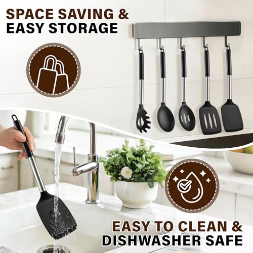 Image of 5Pcs Silicone Cooking Utensils Set, Heat Resistant Kitchen Tools Include Solid&Slotted Spatula, Cooking Spoon and Pasta Server, Silicone Kitchen Utensils set for Nonstick Cookware Flipping, Black