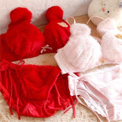 Image of Imported Fluffy Teddy Bra Panty Set for Women Cute Lingerie Soft Teddy Lingerie Cute Cartoon Design Bra Set Bridal Lingerie Set for First Night Honeymoon Date Night Anniversary Birthday