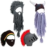 Geyoga 4 Pcs Creative Beard Hats Viking Beanie Wig Knit Beard Horn Winter Warm Funny Mask Beanie for Women Men Halloween (Novel)