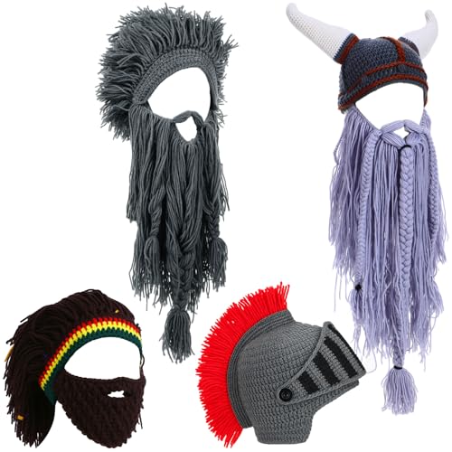 Geyoga 4 Pcs Creative Beard Hats Viking Beanie Wig Knit Beard Horn Winter Warm Funny Mask Beanie for Women Men Halloween (Novel)