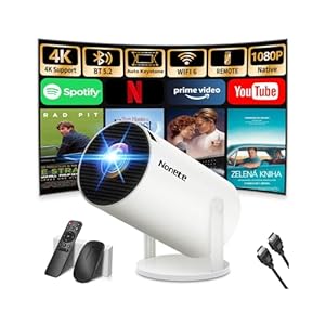 Beamer 4K Projektor Full HD 1080P Mini Beamer mit WiFi 6 und Bluetooth 5.2, Android Tragbarer Projector 270° Dreh mit Automatische Trapezkorrektur für PC/HDMI/USB，mit Maus und Fernbedienung, Weiß