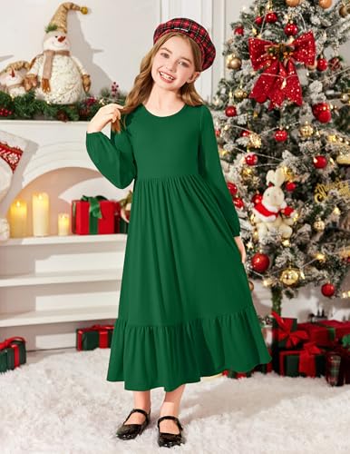Image of Arshiner Girls Maxi Dresses Lantern Long Sleeve Casual Holiday Dress with Pockets for 5-14 Y