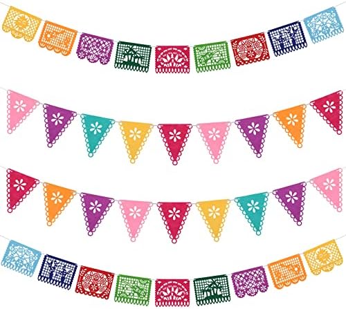 Sainyarh 4 Pieces Day of the Dead Banners Papel Picado Banner Mexican Fiesta Birthday Party Decorations, Felt Dia De Los Muertos Garland, Cinco de Mayo Hanging Flag, Halloween Kids Party Supplies