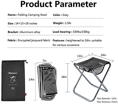 LFSEMINI Camping Stool, 16in Tall Large Size Folding Stool with Carry Bag, Aluminum Alloy Bracket, 1.5lbs Lightweight, Load Capacity to 300lbs, for Travel, Hiking, BBQ, Fishing, Beach(Grey)