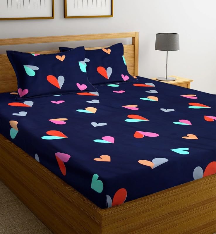 Image of la' amour Premium 100% Cotton Flat Double Bedsheets with 2 Pillow Covers | Double Bed Breathable | Wrinklefree | Ultrasoft 220 TC Supersoft | 90 x 90 Inches, |Navy Blue Red Heart