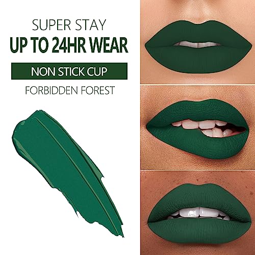 Maki Yika Green Lipstick Matte, Dark Green Liquid Lipstick Long Lasting Smudge Proof Lipstick With Brush For Halloween, Cruelty Free Lipstick, Forbidden Forest #TOP1