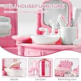32 Pcs Pink Dolls House Furniture Set, Miniature 1:12 Scale Dollhouse Accessories with Kitchen, Bedroom, Living Room & Bathroom - Realistic Pretend Play Toy for Kids, Children's Playhouse - Image 4