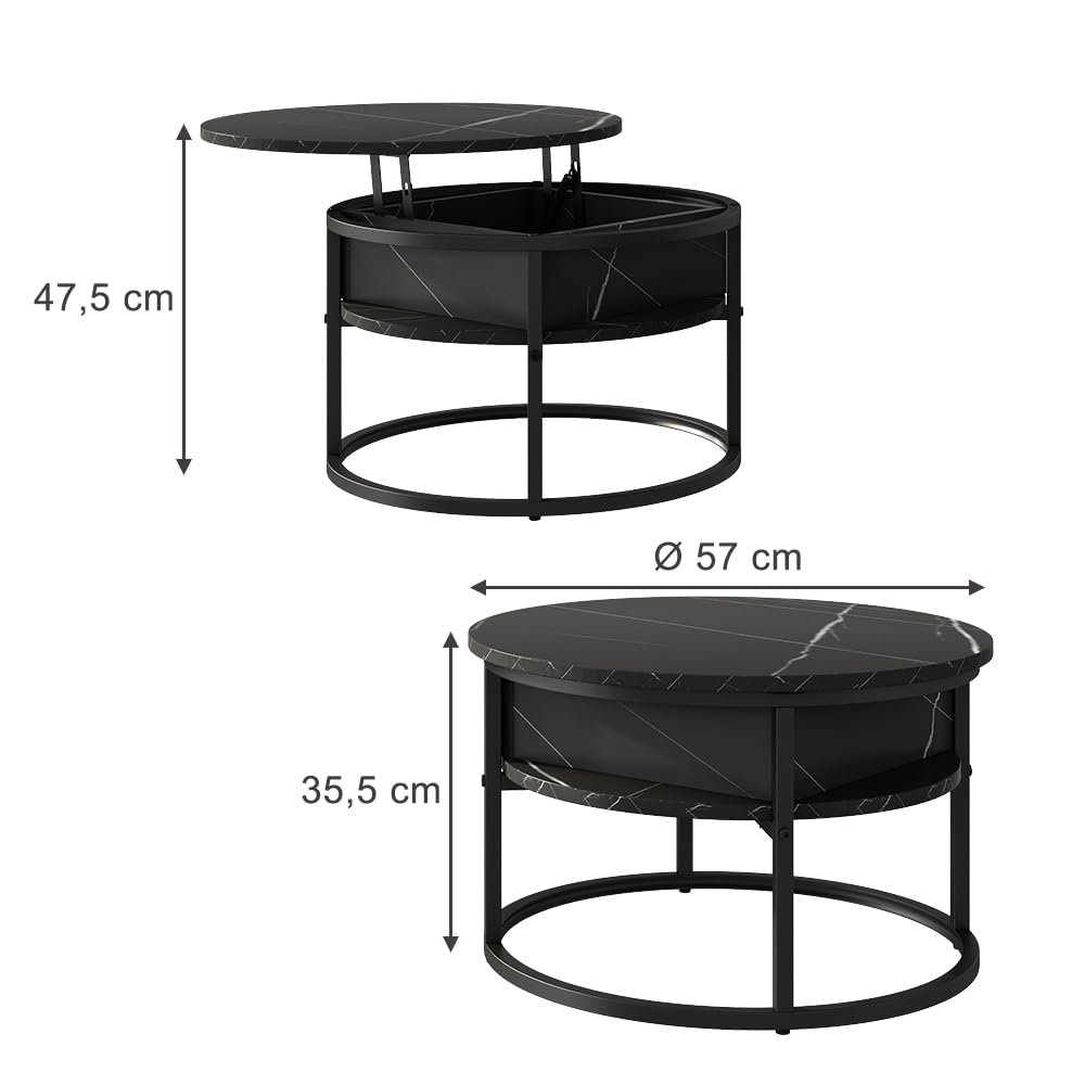 Vicco Stolik kawowy "Marlo", Czarny/marmurowo-biały, 57 x 57 cm | avec plateau rabattable pour une utilisation flexible dans l’espace de vie