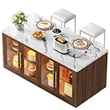 Homiflex Kitchen Island with Storage, 57' W Large Island Table with Seating/LED Light for Dining Room, Kitchen Carts on Wheels Breakfast Bar Table w/Power Outlet, Walnut