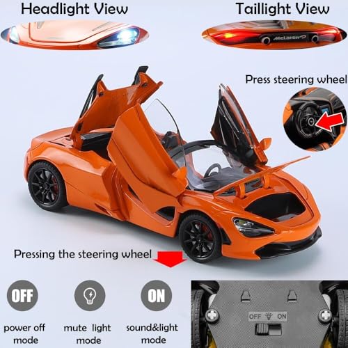 Image of 1:24 McLaren 720S Convertible Diecast Car | Alloy Metal Pull Back Toy Car with Openable Doors, Lights & Music | Model Car for Kids Boys Girls Gift & Collectors (Orange)