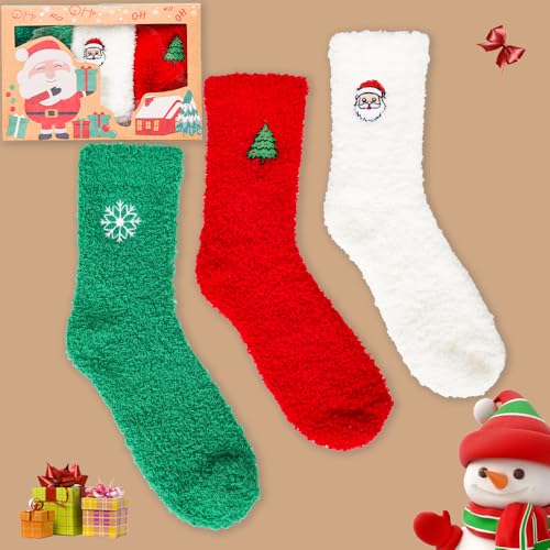 Image of Gloffer Christmas Socks,3 Pairs Soft Fuzzy Socks,Warm Winter Cozy Crew Socks,Colorful Festive Design Gift Socks for Women Men,Novelty Christmas Gifts
