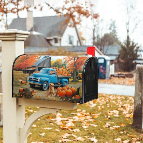 Image of Fall Truck Mailbox Cover Magnetic 25.5 inchx21 inch Autumn Maple Tree Leaf Pumpkins Sunflower Farm Puppy Mailbox Wrap Post Cover Large Size Waterproof for Garden Yard Outdoor Outside Decor