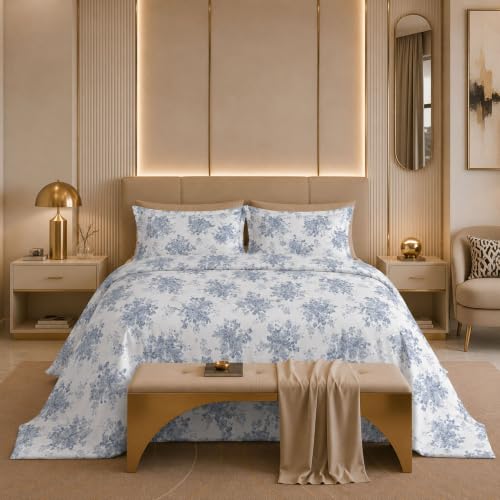 Image of Jaipur Weaves Cotton Percale King Size Bedsheet 108x108 Super King, 100% Pure Cotton Bed Sheet with 2 Pillow Covers, 300 TC Soft Breathable Floral Design Bedding (Blue Meadows, Super King)