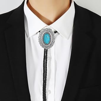 Western Turquoise Bolo Tie for Men Women Oval Concho Leather Necktie Adjustable Cowboy Accessory