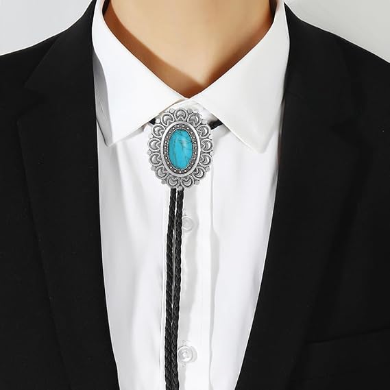 Western Turquoise Bolo Tie for Men Women Oval Concho Leather Necktie Adjustable Cowboy Accessory