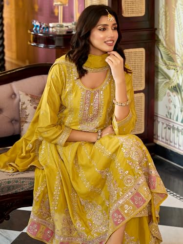 Image of INDO ERA Women's Anarkali Chinon Ethnic Motifs Embroidered Kurta & Palazzo with Dupatta Set (IEOUT10822)