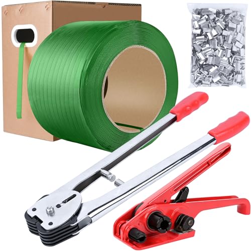 Image of MYFAMIREA Heavy Duty Banding Strapping Kit with Tensioner Tool, 1 /2 inchx 3500FT Green Polypropylene Plastic Packaging Strapping, 300 Metal Seals, Sealer Tool for Pallets, Logistics, Warehouse (Red)