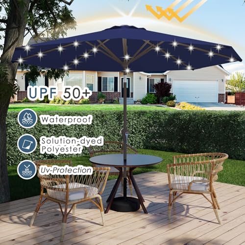 Image of 9FT Patio Umbrella with Solar Lights,Outdoor Market Umbrella with Tilt and Crank, LED Lighted Table Umbrella for Garden,Deck,Backyard,Pool,Beach (Navy)