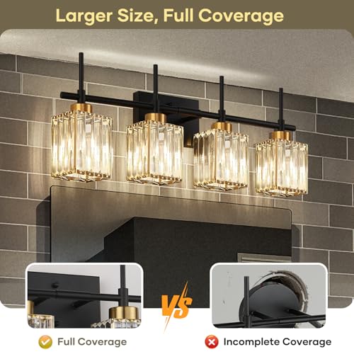 Image of Torondo Modern Crystal Bathroom Vanity Light 4-Lights Gold Bathroom Light Fixtures Over Mirror Black and Gold Vanity Lighting Fixtures Gold Square Shade Brass Wall Sconce (Bulbs Not Include)