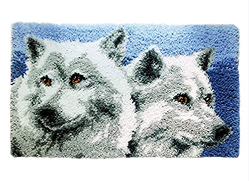 Image of clubevy Latch Hook Kits DIY Cushion Cross Stitch Kits Embroidery for Adults Beginner DIY Needlework Rectangle Floor Desk Mat Home Decoration, Wolf
