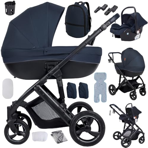 3 in 1 Kinderwagen mit Babywanne,faltbares Reisesystem,für Neugeborene bis Kleinkinder,Geländeräder,inklusive Reisetasche,Regenschutz und weiterem Zubehör(Blau)