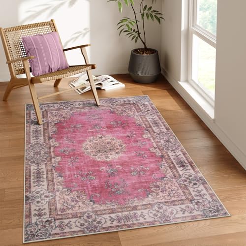 Lahome Washable Hot Pink Rug 3x5 Rugs for Bedroom Girls, Boho Floral Rug for Entryway Bedside Kitchen Living Room Laundry Room, Nursery Carpet Indoor Mat Soft Low-Pile Non Slip 3' x 5' Hot P