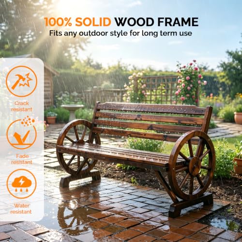 Image of VINGLI Rustic Wooden Wheel Bench Outdoor Bench, Patio Bench Wagon Slatted Seat, Garden Benches for Outdoors 350lbs High Capacity, Weather Resistance (Rustic, 55in)