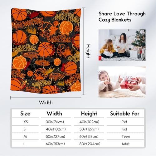 Basketball Blanket, Cozy Soft Throw Gifts for Boys, Cool Orange Flannel Throw Blankets for Couch Sofa, 40x50 Inches