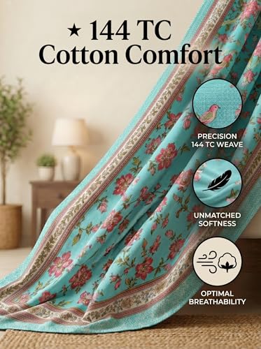 Image of Mafatlal 144 TC Heritage 100% Pure Cotton Jaipuri Bedsheet with Pillow Cover (90x60 inches) | Soft & Breathable Fabric | Traditional Floral Print | Teal Blue