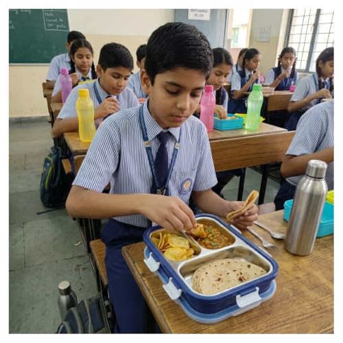 Image of Premium Stainless Steel Three Compartment Lunch Box (8.75 inch x 6.75 inch) - Durable Three Partition Leak Proof Tiffin Box for Food Grade Container with 6-Side Lock Unbreakable Lid (400g)