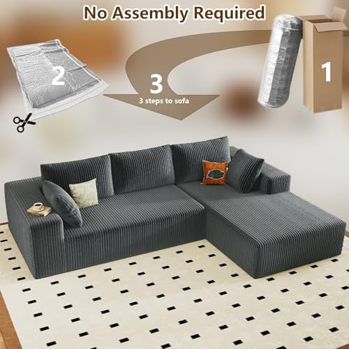 Image of 96 inch Modular Sectional Couch, Boneless L Shaped Cloud Sofa with Chaise Lounge, Corduroy Upholstered Couches Memory Foam Deep Seat, No Assembly Required, Ideal for Living Room(Dark Gray, Right Facing)