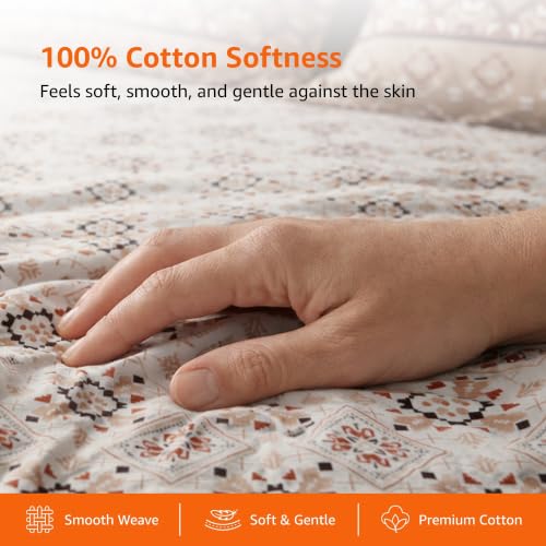 Image of Amazon Basics - 100% Cotton Fitted Bedsheet | 144TC |Fitted King Bed Sheet with 2 Pillow Cover|Soft Cotton | Floral Print | 78 Inch x 72 Inch - 8 Inch Drop, Brown