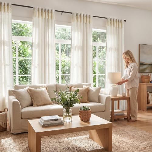 Image of jinchan Linen Curtains for Living Room Bedroom Light Filtering Semi Sheer Curtains Boho Farmhouse French Country Cottage Core Decor Window Drapes Back Tab 84 Inch Length Tassel Beige
