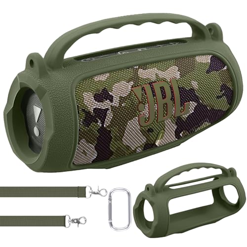 co2CREA Silicone Case for JBL Charge 5 Portable Waterproof Bluetooth Speaker Portable Travel Soft Cover with Shoulder Strap Protective Skin Case (Army Green)