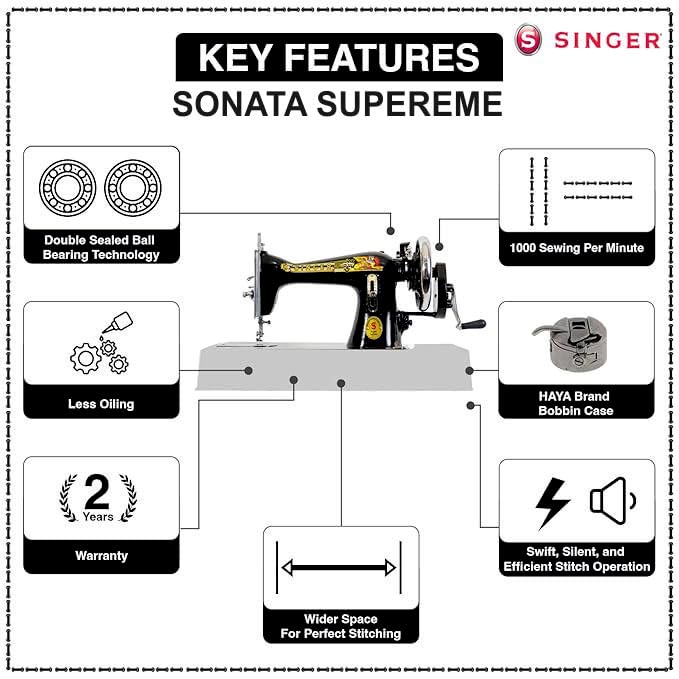 Image of Singer Black Sewing Machine Sonata Supreme Unit Pack with Free Body Cover | Smoothest Fly Wheel | Double Sealed Ball Bearings Technology-First Time in World